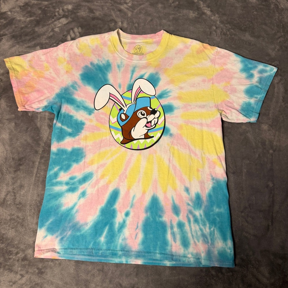 Buc-ee's But Did You Dye Tie Dye Easter Bunny T-Shirt SZ Large Pastel Funny